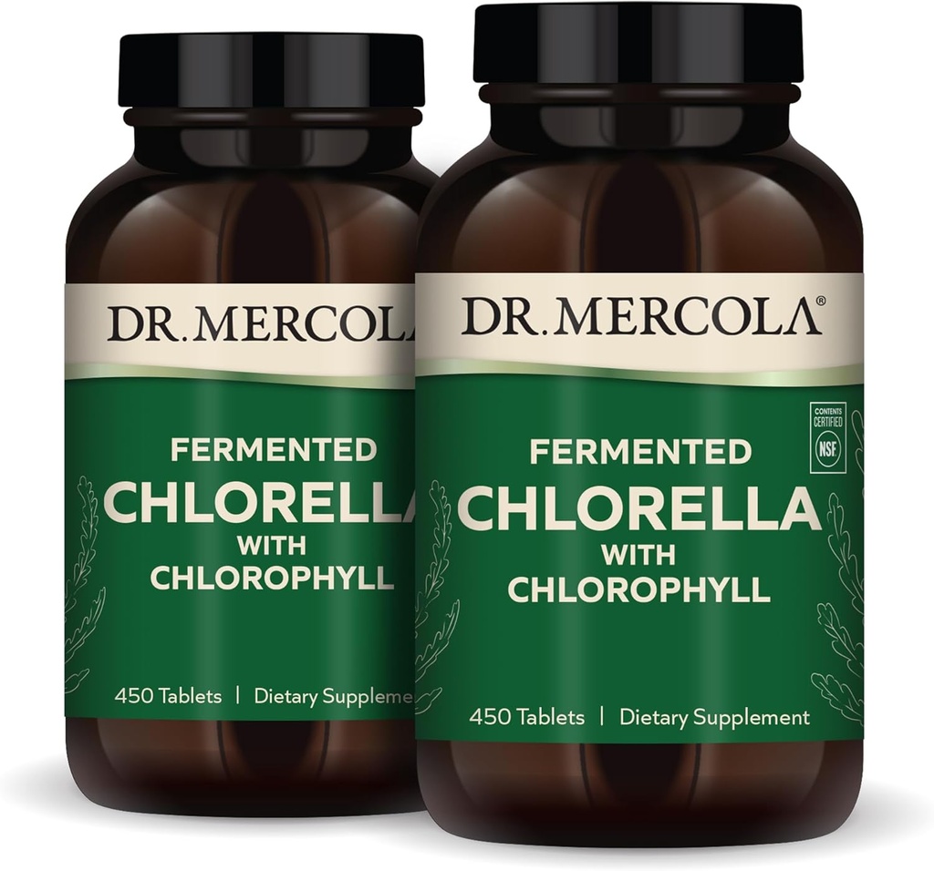Dr. Mercola Fermented Chlorella with Chlorophyll, 90 서빙 (450 정제), 2 병, 다이어트 보충, 면역 및 기관 건강 지원, 비 GMO, NSF 인증