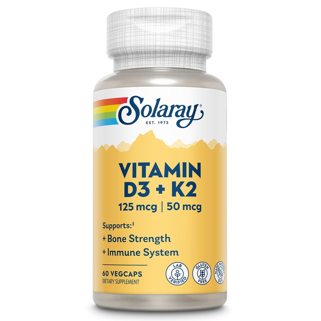 SOLARAY 비타민 D3 K2 - 뼈 건강과 면역 지원 보충교재 - VIT D3와 50 mcg 비타민 K2로 5000 IU 비타민 D와 함께 Menoquinone MK7, Soy 없이 만드는, 60 일 보장, 60 봉사, 60 VegCaps