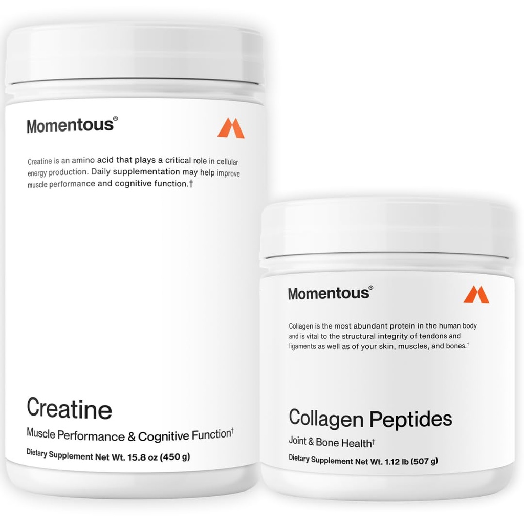 Momentous Creatine Monohydrate Powder & Grass-Fed Collagen Peptides Powder Stack - 지원 강도, Lean Muscle, & Recovery - 모발, 피부, 손톱 및 관절 건강 지원을위한 FORTIGEL 및 비타민 C