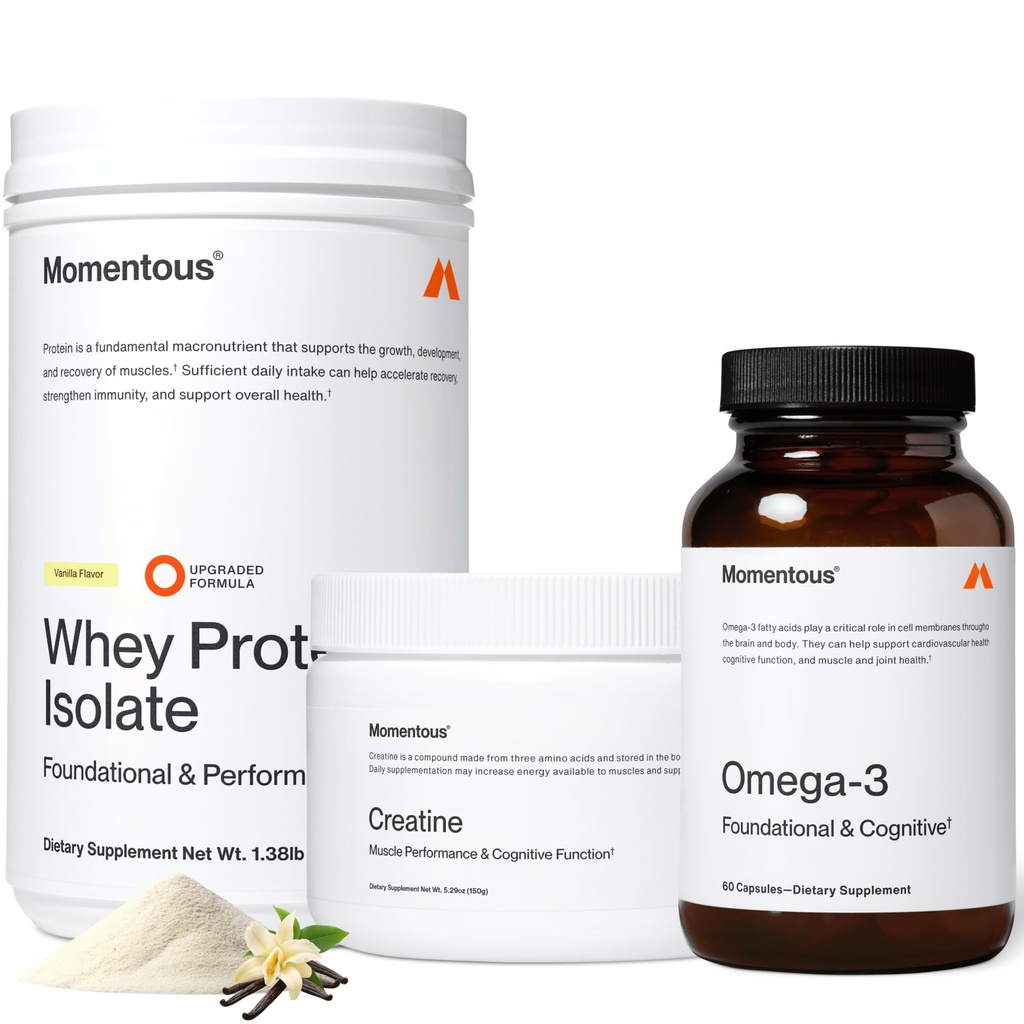 Momentous 3 - 크레아틴 Monohydrate 분말 (30의 서빙), 잔디 먹은 Whey 단백질 분말 (Vanilla) & Omega-3 물고기 기름 1600mg - 힘, 성과 & Lean 근육 회복을 위한 매일 필수