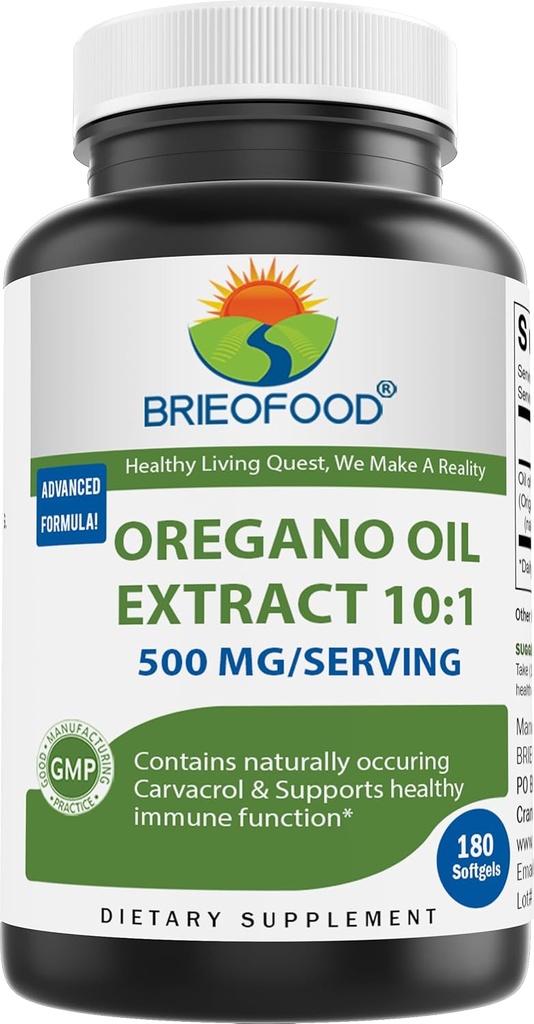 Brieofood Oregano 오일 10 : 1 추출물 500mg / 서빙 당 - Naturally Occuring Carvacrol - 건강한 면역 기능 - 180 Softgels