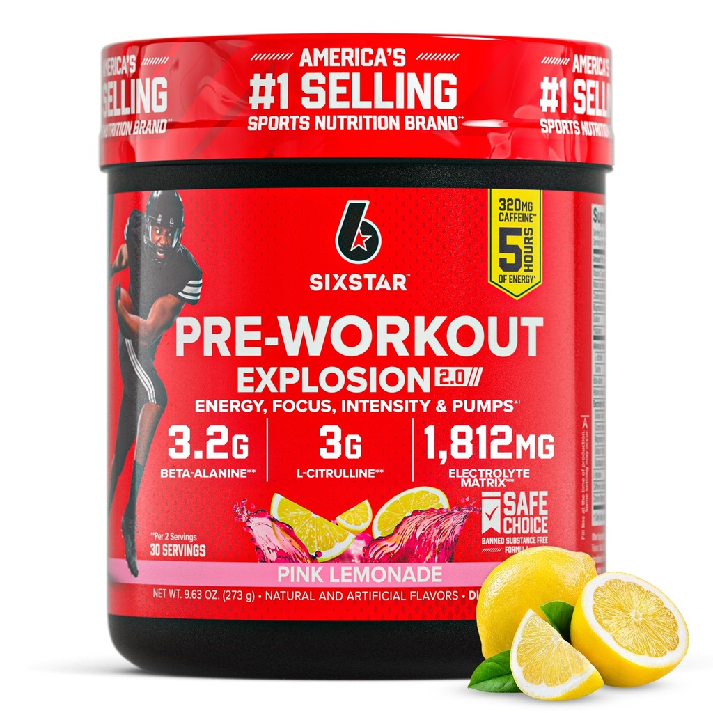 남성 및 여성을위한 6 스타 사전 운동 분말, 핑크 레몬 데일 (30 인분) - Preworkout 폭발 2.0 에너지 분말 음료 혼합 베타 알라닌 및 카페 - 스포츠 영양 보충 제품