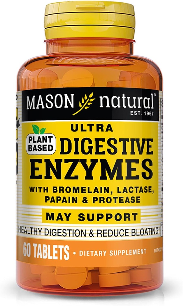 Mason 자연적인 식물 근거한 매우 소화 효소, Bromelain와 더불어, Lactase & Papain는, Digestion & Bloating 기복, 60의 캡슐, 3의 팩을 지원합니다