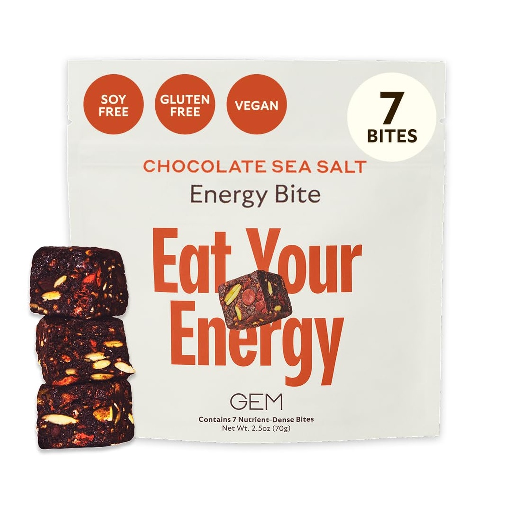 GEM Energy Caffeinated Bite | Holistic Sustained Energy | 지원 메타볼리즘, 체력 및 내구시간 | 40mg 카페인, 인삼 뿌리, L-Theanine | 초콜릿 카카오 씨 소금 | 7 서빙