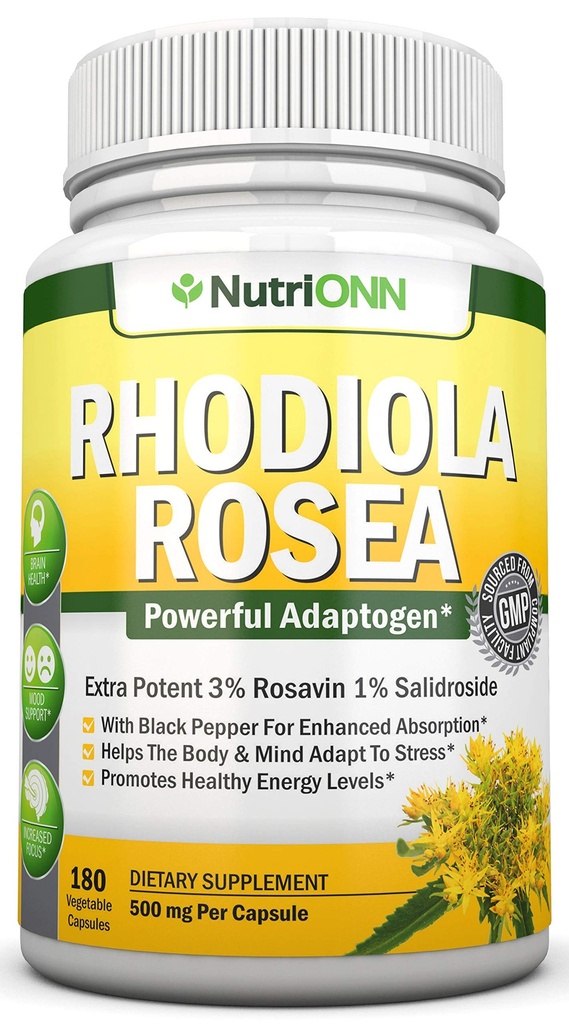 Rhodiola Rosea - 500mg - 180 Vegan 캡슐 - 3% Rosavin 1% Salidroside 추출물 - 강화된 흡수를 위한 까만 고추와 더불어 - 6 달 공급 - 에너지 & 체력을 위한 보충교재