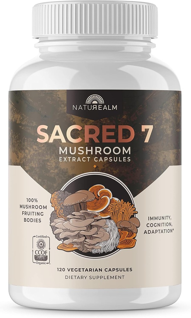Naturealm Sacred 7 Organic Mushroom Powder for Coffee - Lion Mane, Reishi, Chaga - USDA Organic Daily Wellness Blend (120 Count (Pack of 1), Sacred 7)과 프리미엄 버섯 보충 혼합