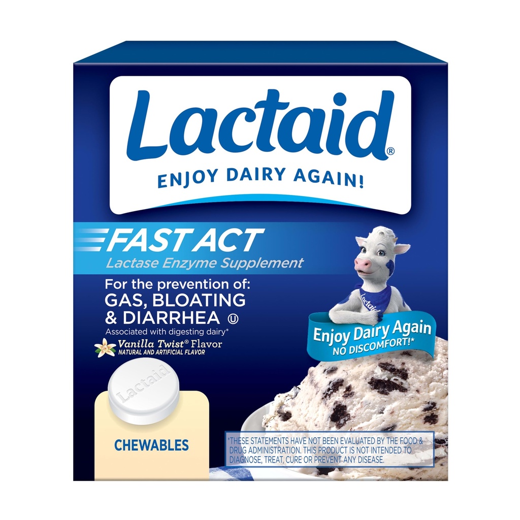 Lactaid 빠른 행동 Lactose 자연적인 Lactase 효소를 가진 Intolerance 기복 Chewable 가스, bloating & Diarrhea 때문에 Lactose 감도, 온-고, 바닐라 강선전도 풍미, 60 x 1개의 ct