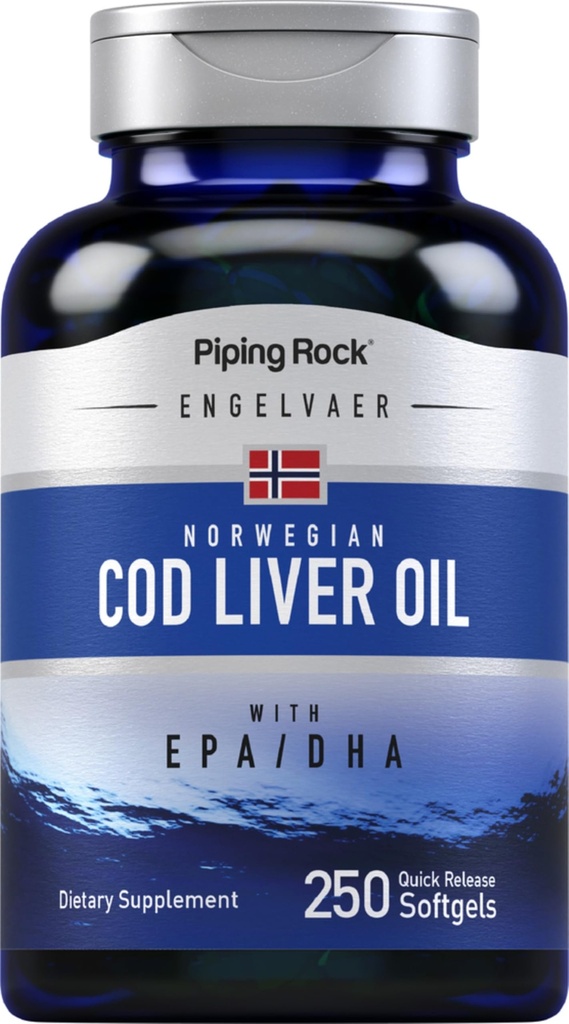 Piping Rock Cod Liver Oil Softgels | 250 개 | EPA DHA | Engelvaer Norwegian | Non-GMO, 글루텐 프리 보충교재