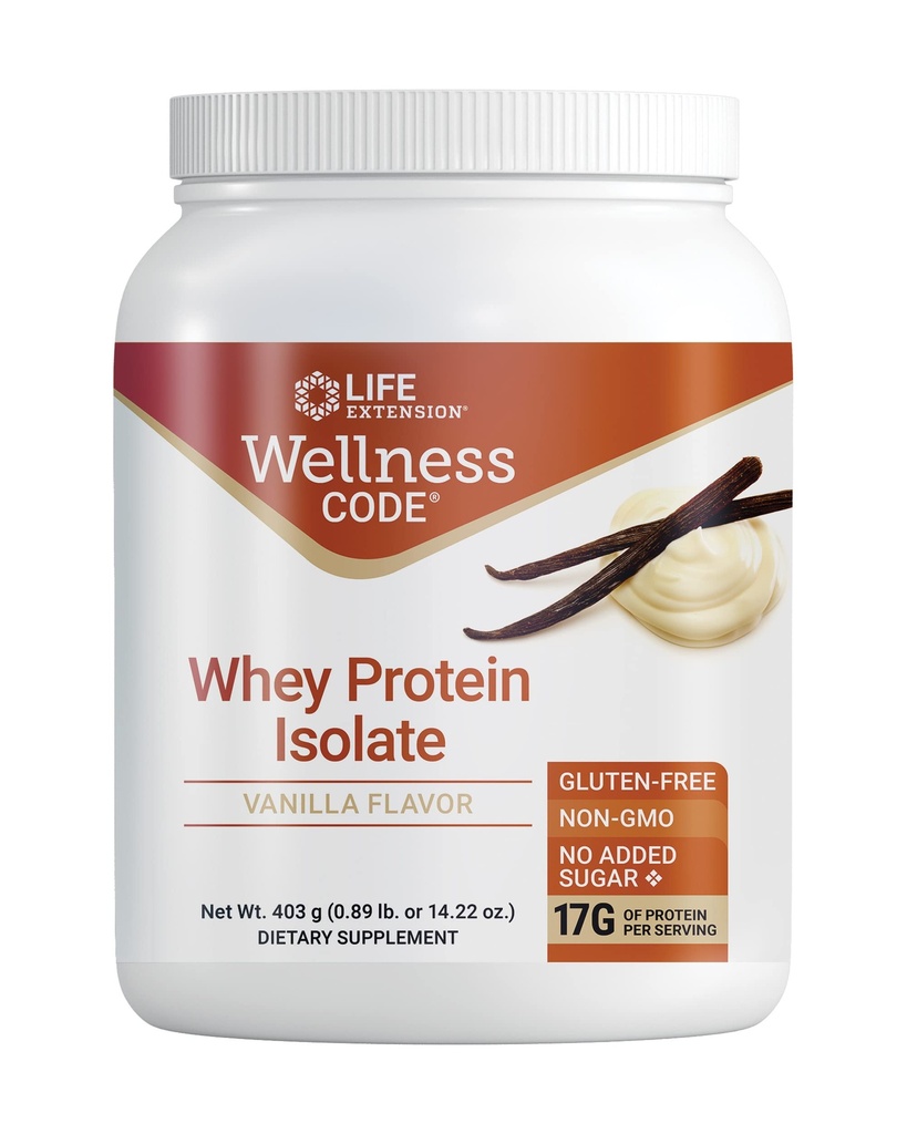 수명 연장 웰빙 코드® Whey Protein Isolate (Vanilla), 근육 성장 및 면역 건강, 설탕 추가, 글루텐 무료, 비 GMO, 403 그램 (20 서빙)