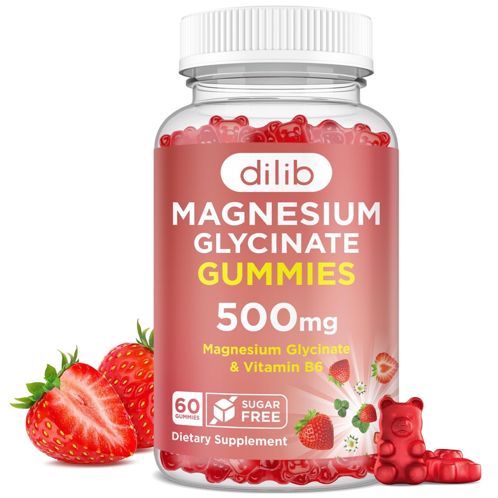 마그네슘 글리세린 Gummies 500mg - 성인을 위한 비타민 B6를 가진 마그네슘 보충교재 & 아이를 위한 마그네슘 - 잠, 계류, 근육 지원 - 딸기 풍미, 60 Gummies를 위한 칼슘 마그네슘