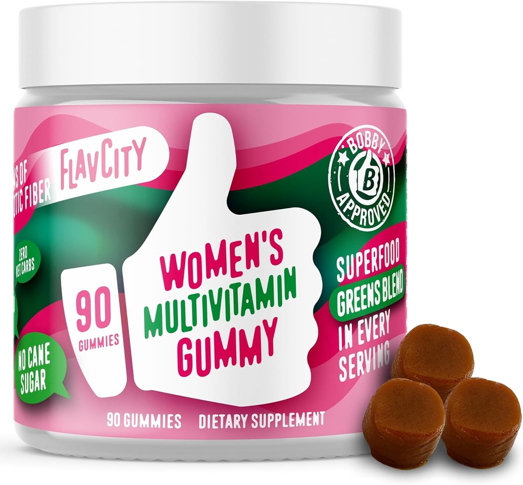 FlavCity Womens Multivitamin Gummy - 여성을위한 매일 Multivitamin Gummies - 프리미엄 비타민, 미네랄 및 Prebiotic 섬유 - Cane Sugar 또는 Seed Oil - 유기 Wheatgrass, Moringa 및 기타 (90 Gummies)