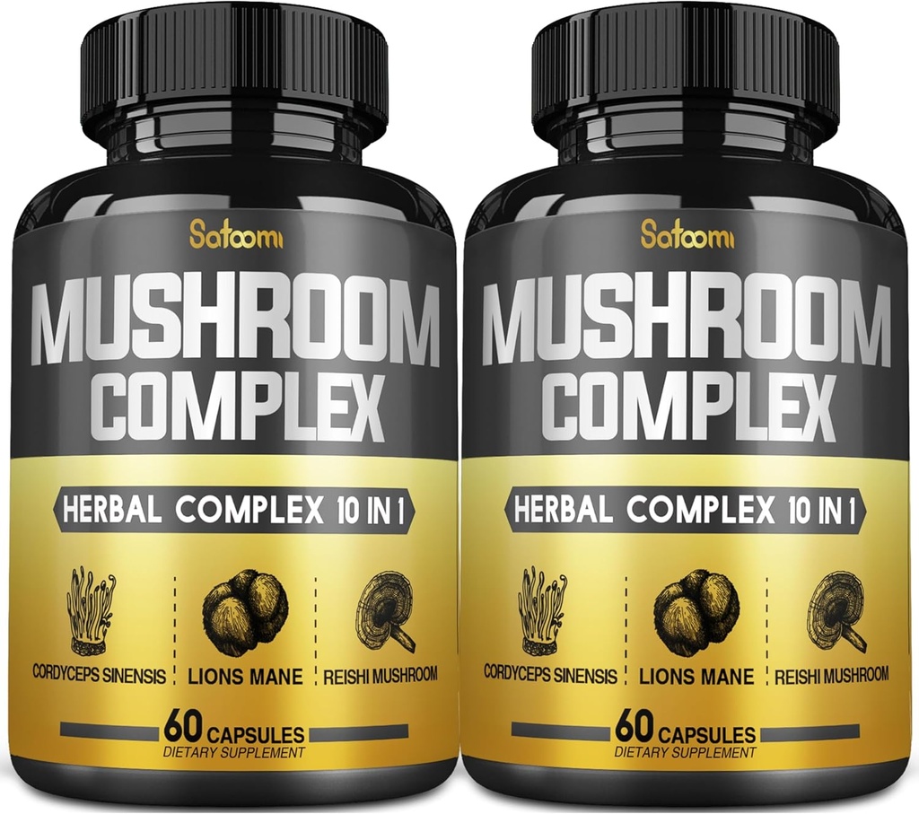 Satoomi 10in1 버섯 Complex 보충제 캡슐 - 4 개월 공급 - 사자 Mane, Cordyceps, Reishi, Chaga, Maitake, Shitake 및 기타와 혼합 - 2 팩 60 캡슐