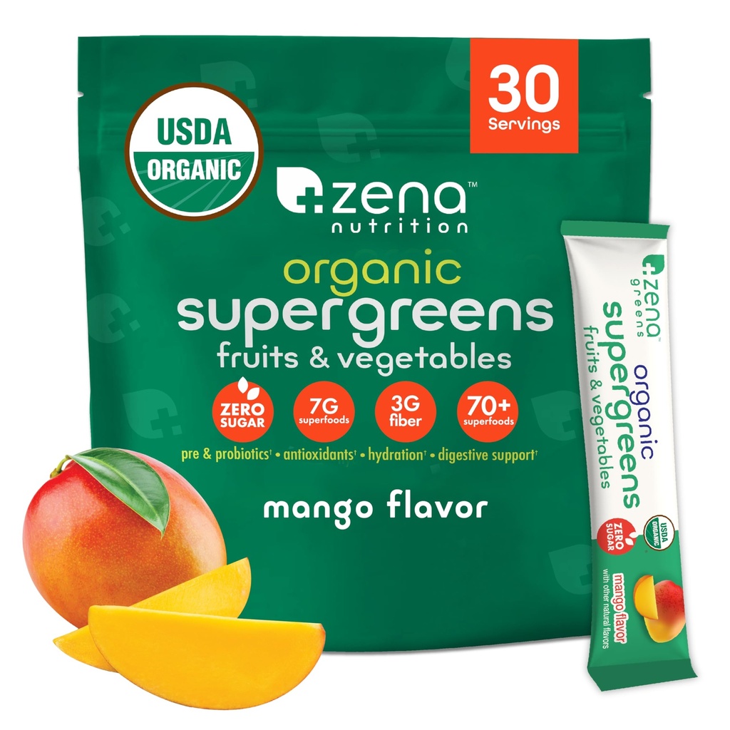 Zena 영양 유기 최고 녹색 분말, 70+ Superfoods, 0 설탕, 3G 섬유, Spirulina, Chlorella, 버섯, Prebiotics/Probiotics, Gut 건강, Mango, 30 음료 혼합 소포를 위한 소화 효소