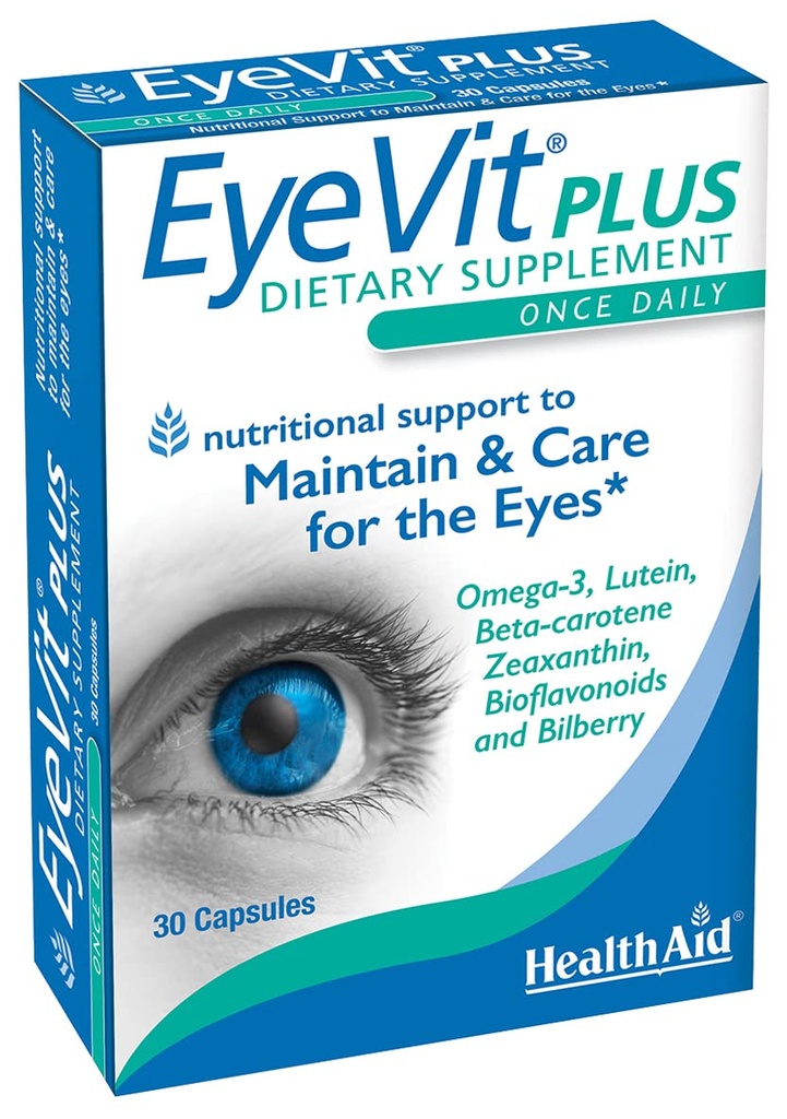 EyeVit Plus - 매일 눈 건강 보충 | 30 캡슐 | 오메가-3, 루테인, 베타 카로틴, Zeaxanthin, Bioflavonoids & Bilberry 포함