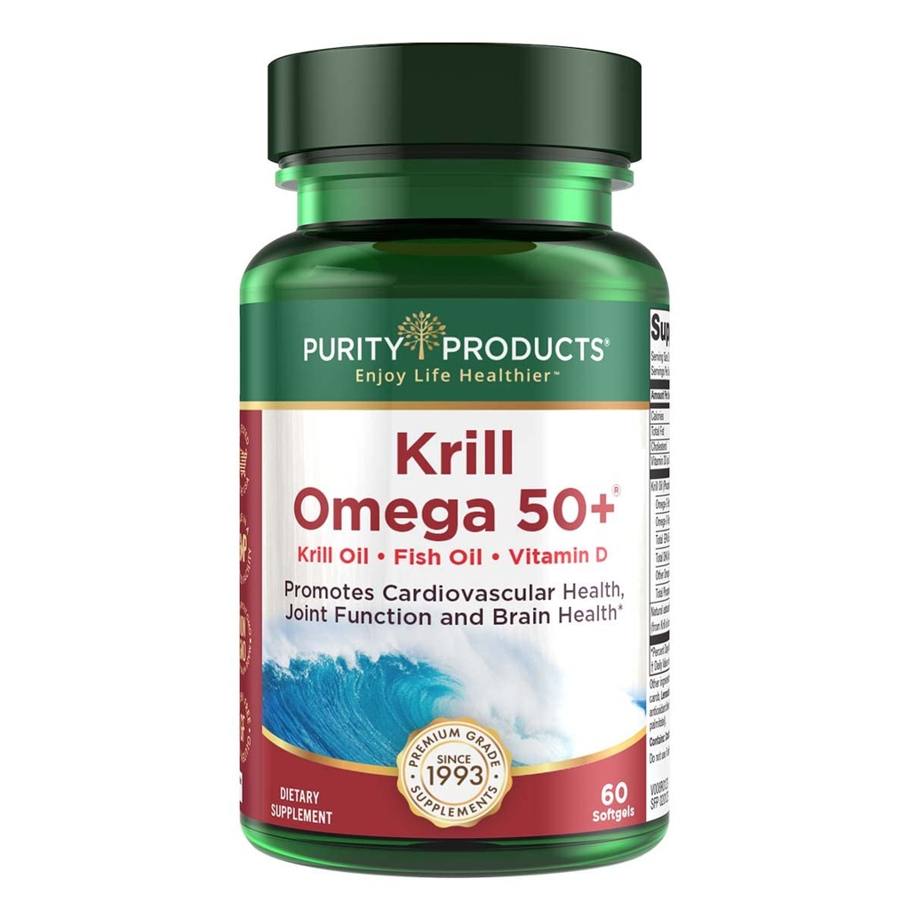 순수성 제품 Krill Omega 50 (Krill + 물고기 기름 혼합 1000mg + Astaxanthin 500mcg + Phospholipids 200mg + 비타민 D 500 IU) - 60 소형 Softgels