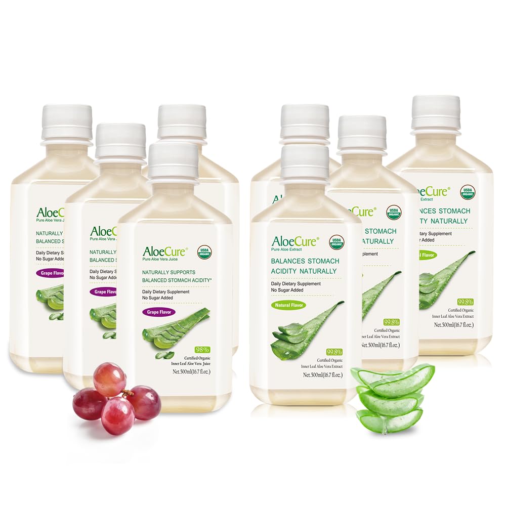 AloeCure 유기 알로에 베라 주스 - 8 병 샘플 팩 - 포도 및 자연 풍미, 8x500ml