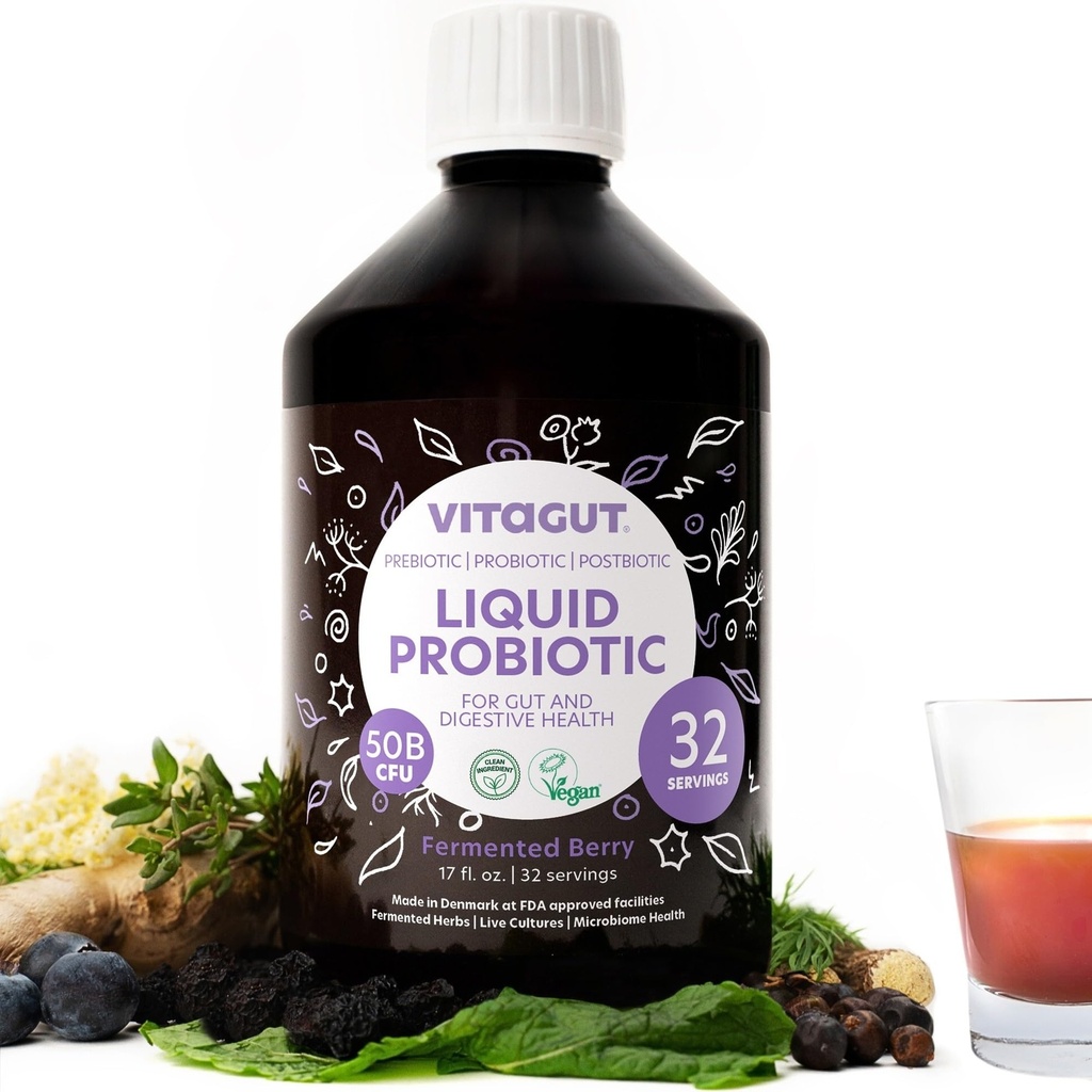 VITAGUT 액체 Probiotic, Prebiotics & Postbiotics 3-in-1 유기, 여성 및 남성을위한 라이브 프로 바이오 틱 - 소화 건강, 50 억 CFU, 19 발효 허브, Gut 건강을위한 Vegan Probiotics
