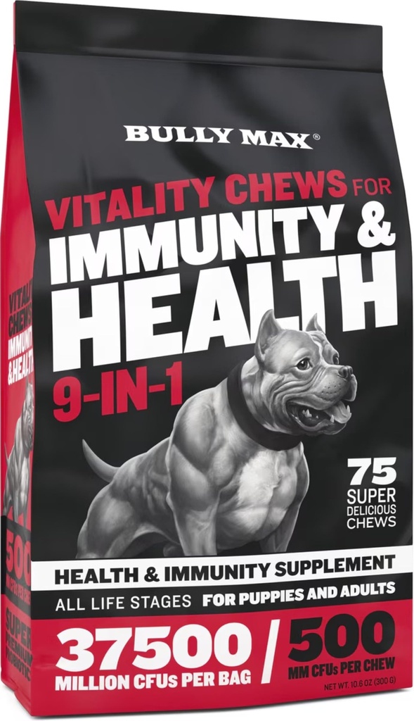 Bully Max Dog Chews & Multivitamin는 강아지 & 성숙한 개를 위해 대우합니다 - 75의 연약한 Chews의 개 보충교재 & 모든 Breeds를 위한 비타민 - 피부, 외투, 뇌, 심장, 소화성 건강, 면역력, 합동 지원
