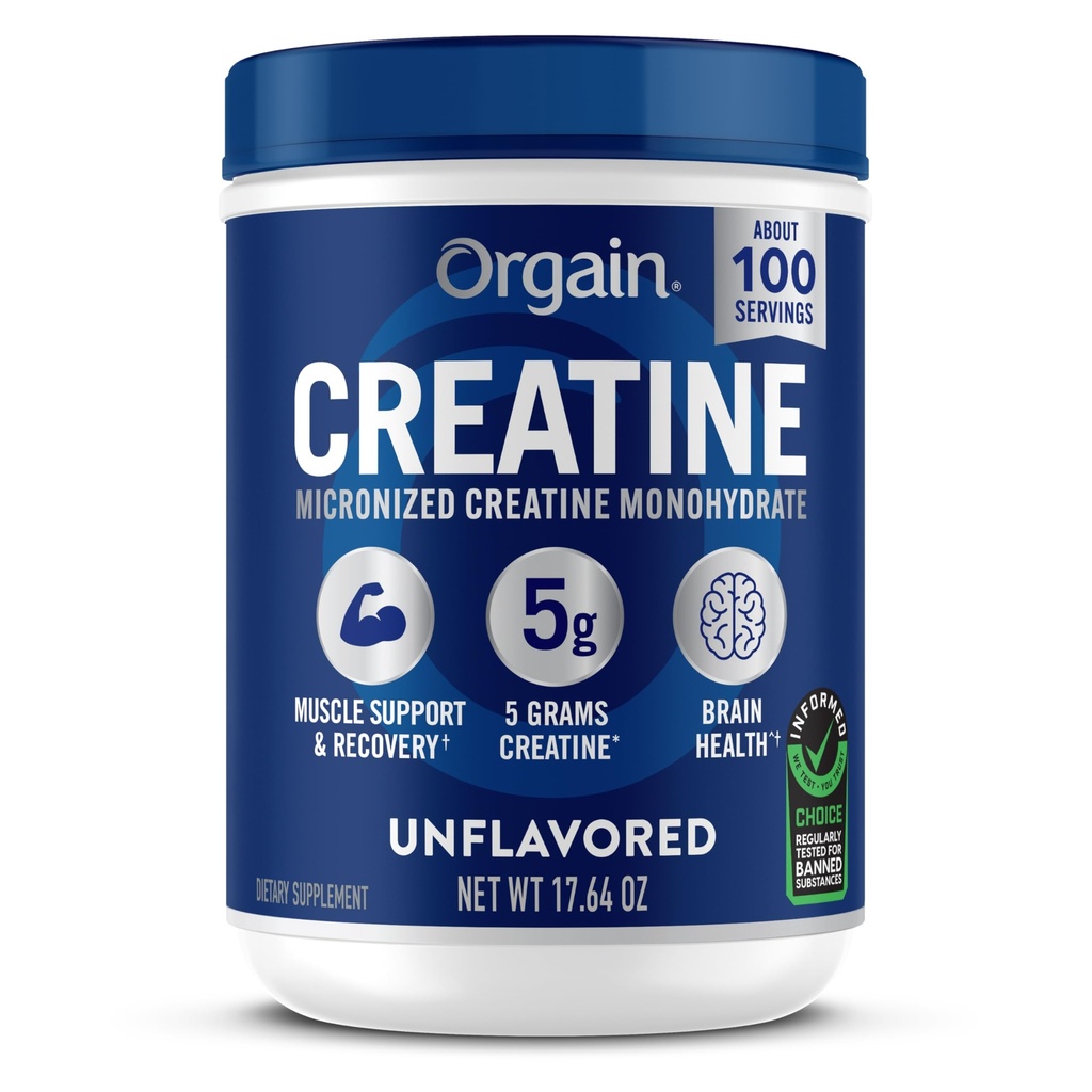 Orgain Creatine Monohydrate Micronized 분말, 100개의 서빙, Unflavored, 지원 근육 성장, 포스트 운동 회복 및 뇌 건강, 인공 첨가물 없음, 남자 & 여자를 위한 (포장 5월 Vary)