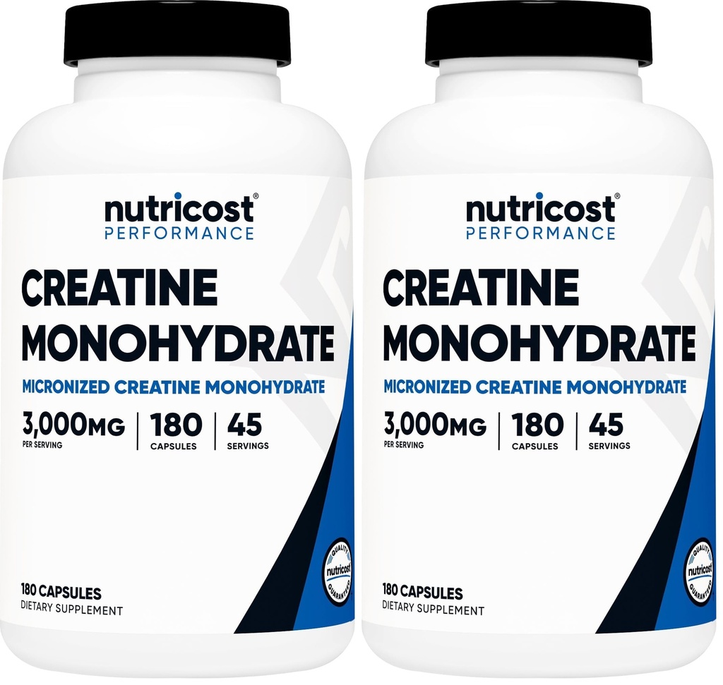Nutricost 크레아틴 Monohydrate 3,000mg, 180 캡슐 (캡슐 당 750mg) - 글루텐 무료, 비 GMO (팩 2)