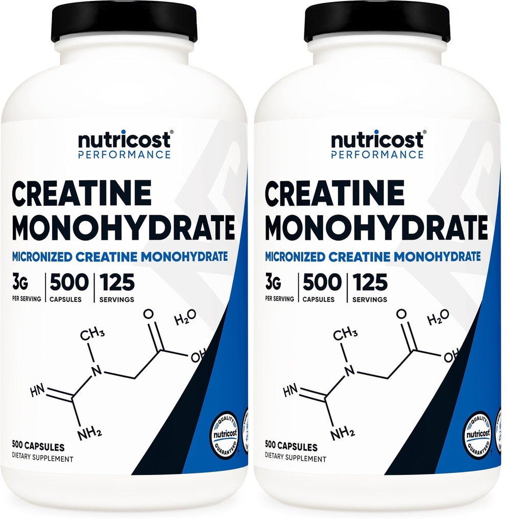 Nutricost Micronized Creatine Monohydrate 3,000mg 500 캡슐, 125 서빙, 캡슐 당 Creatine Monohydrate의 750mg (팩 2)