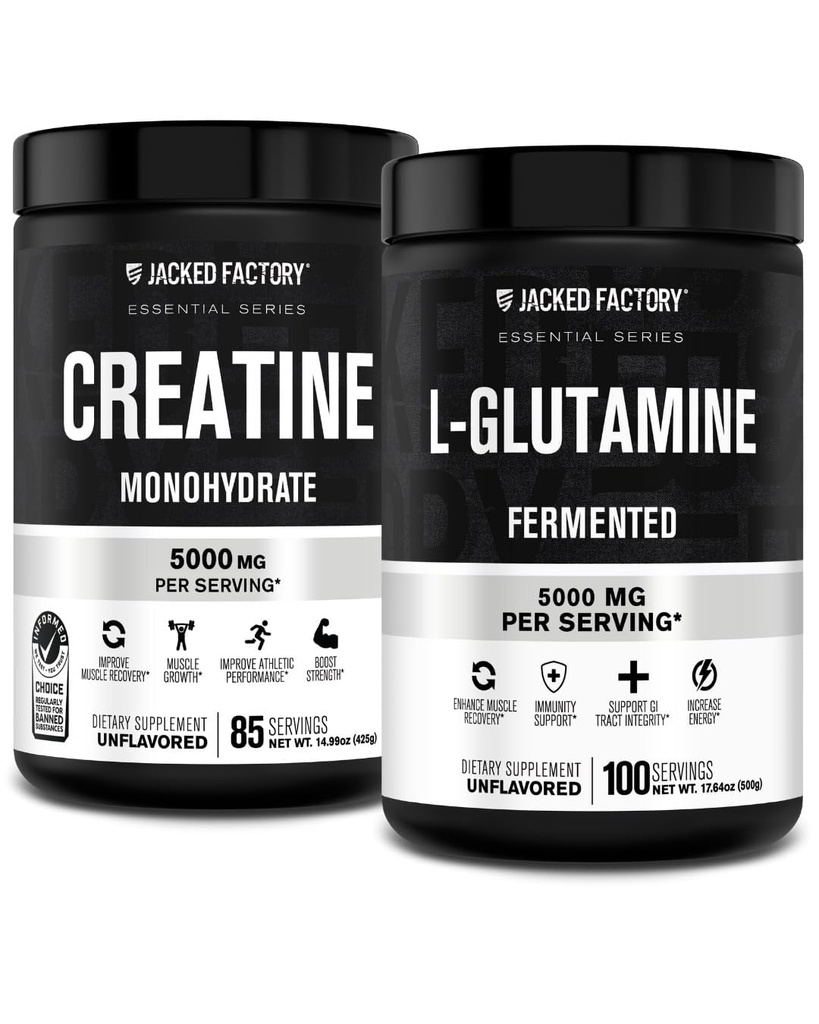 Jacked 공장 크레아틴 Monohydrate 분말 425g, 85 SV & L 글루타민 보충교재 500g, 100 SV - Artficial 충전물 없음, 불연성