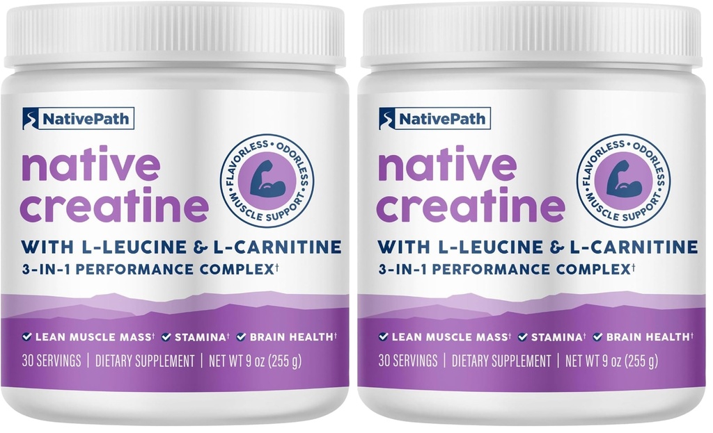L-Leucine & L-Carnitine을 가진 NativePath 크레아틴 Monohydrate 분말 - 남자 & 여자를 위한 근육 건물 보충교재 - 30의 서빙 (포장 2)