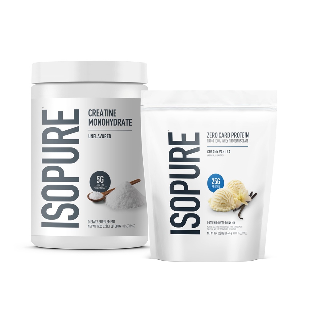 Zero Carb 100 % 순수 Whey Isolate Protein Powder, 크림 바닐라, 25g Protein Per 서빙, 1 Lb, 14 서빙 + Isopure 100 순수 Creatine Monohydrate Powder, 100 서빙