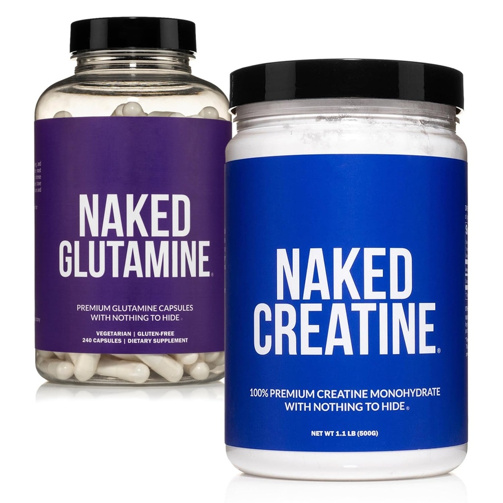 NAKED 순수한 Micronized 크레아틴 Monohydrate 100 서빙 + 순수한 L 글루타민 240 캡슐 뭉치: Vegan, 비 GMO, 글루텐은 해방합니다. 근육 고장을 최소화하고 단백질 종합을 개량하십시오. 광고 없음