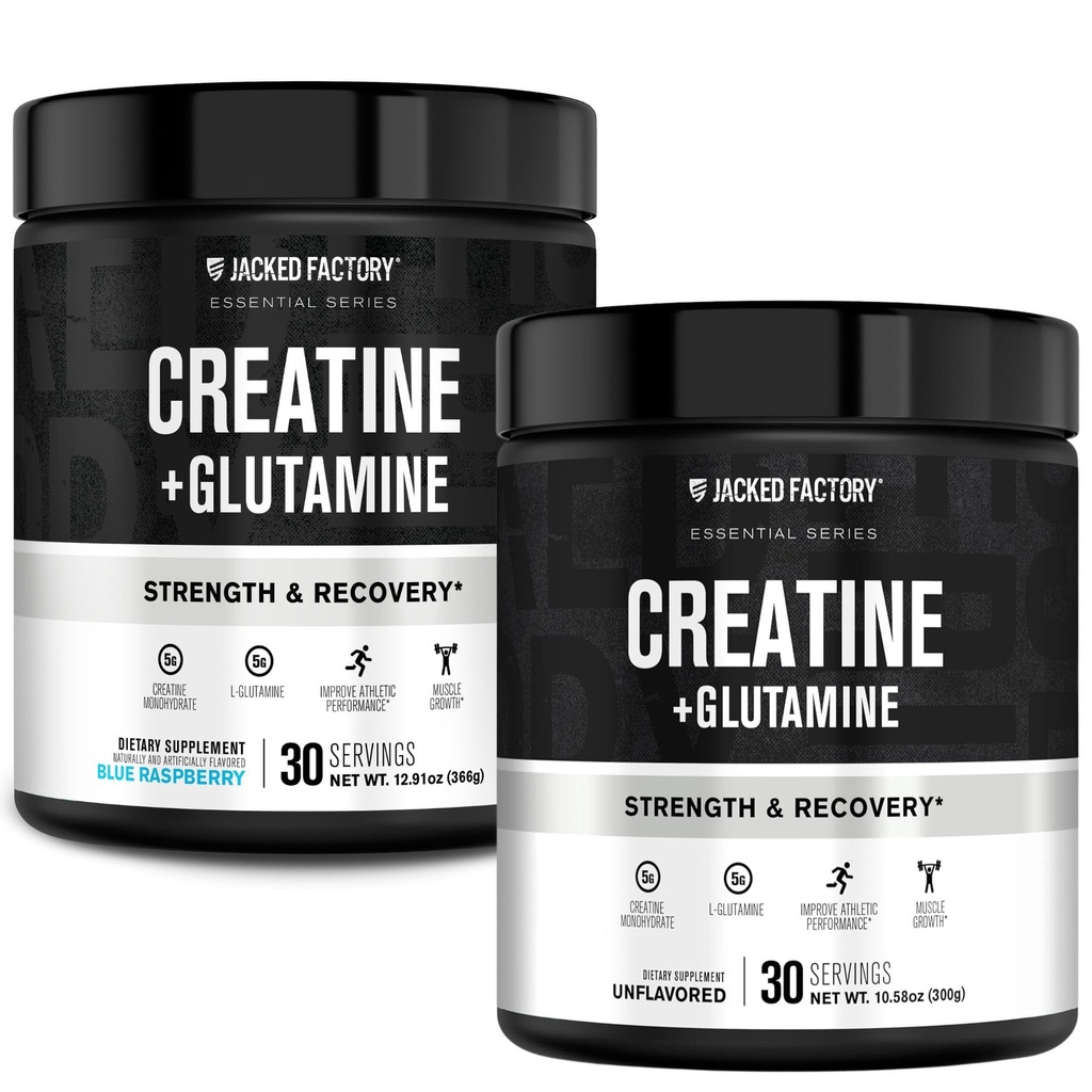 Jacked Factory Creatine + 글루타민 - 근육 회복, 근육 성장, 증가 된 강도 (30 서빙, 불타민 및 30 서빙, 블루 라즈베리)에 대한 L 글루타민 보충