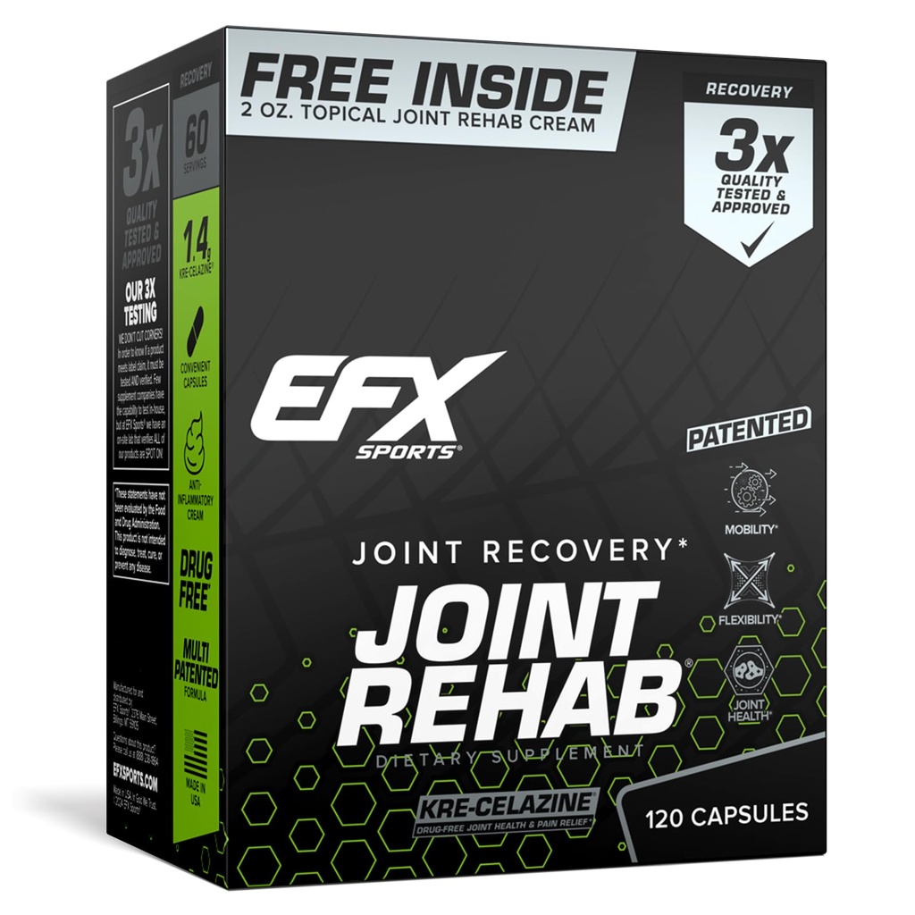 EFX Sports Joint Rehab Recovery Kit | Kre-Celazine®에 의해 구동 | Mobility & Joint Health | 120 캡슐 Kre-Alkalyn Creatine + 2 oz Topical 크림