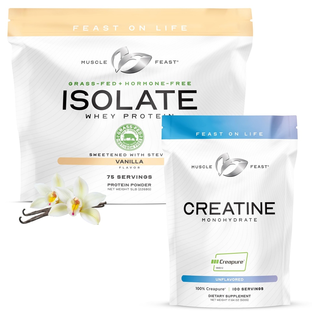 근육 Feast 번들 – Creapure Creatine Monohydrate 분말 Unflavored 500g (1개 단위) + 잔디 Fed Whey Protein Isolate Vanilla 5lb (1개 단위), 모든 자연적인 호르몬 자유로운 Pasture 절상