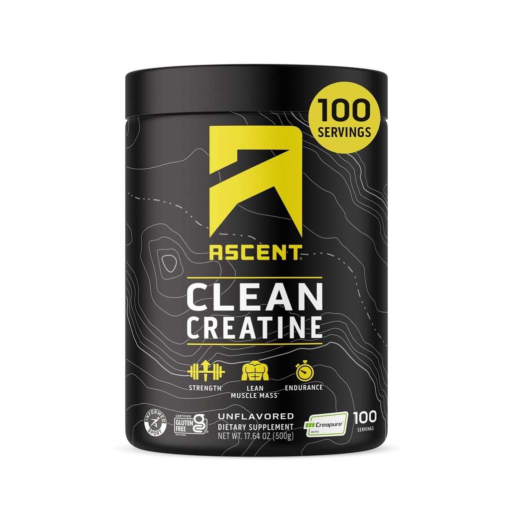 Ascent Clean Creatine Monohydrate Powder - 서빙 당 5G, Creapure Creatine 보충 - Unflavored, 100 서빙