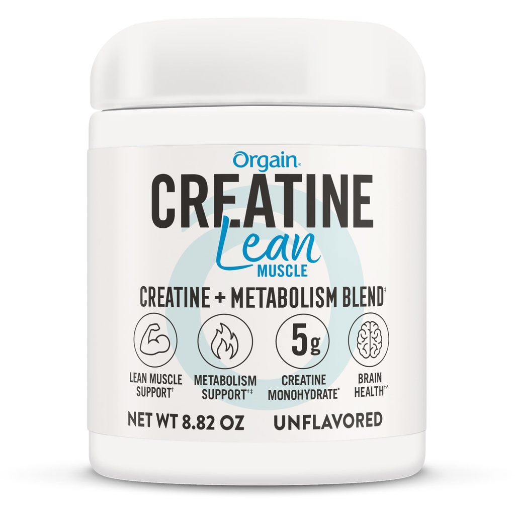 Orgain Micronized Creatine Monohydrate Lean 근육 분말 Metabolism Blend, Unflavored, 50 서빙, 근육 강도 및 두뇌 건강 지원, Dairy 또는 Soy, 글루텐 무료, Vegan
