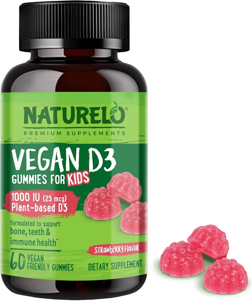 NATURELO Vegan D3 Gummies for Kids - 1000 IU 비타민 D3 - 어린이 4 및 노인을위한 식물 기반 전체 식품 보충 - 60 Vegan-Friendly Gummies