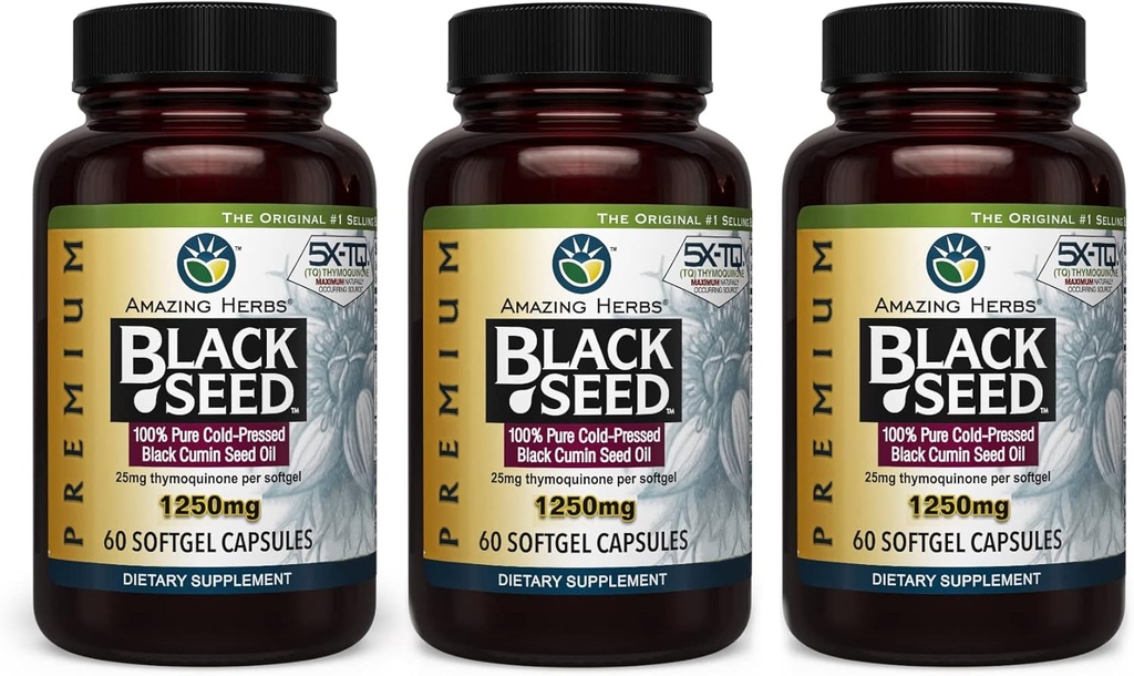 Amazing Herbs Premium Black Seed Oil Capsules - 높은 효능, 다이제스트 건강, 면역 지원 및 두뇌 기능에 찬 압박 된 Nigella Sativa 보조 - 60 카운트, 1250mg (Pack of 3)