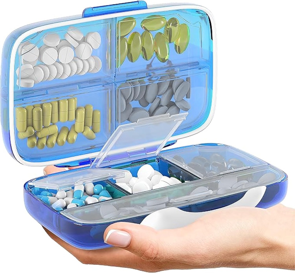 Travel Pill 주최자 - 라벨 비타민 용기가있는 휴대용 약국 상자를 여행하기위한 완벽한 의학 사례 8 Compartment Supplement Medication Holder 대형 용량 매일 (블루)