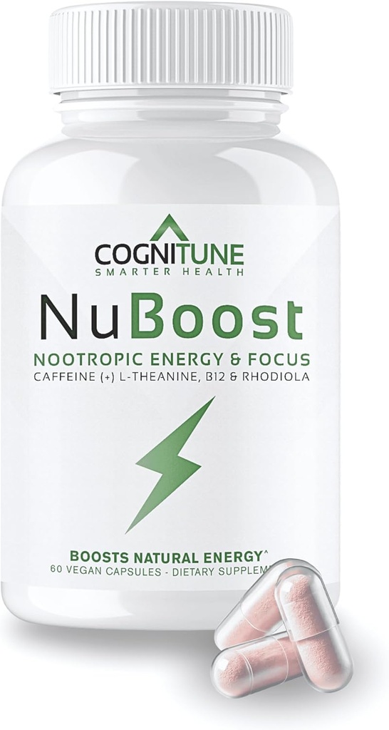 CogniTune NuBoost 에너지 & 초점 두뇌 보충교재, 카페인 L-Theanine, 비타민 B12, Rhodiola + BioPerine, 충돌 없음, 지터 자유로운 100mg 카페인 알약, 청결한 Nootropic 뇌 승압기, 60 Ct