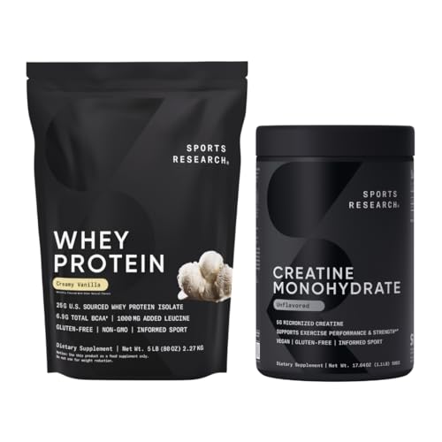 Sports Research® Creatine Monohydrate (100 인분) & Vanilla Whey Protein (63 인분), Lean 근육 건물, 향상된 성능, 힘 및 운동 회복을위한 동적인 듀오 - 스포츠 Nutritio