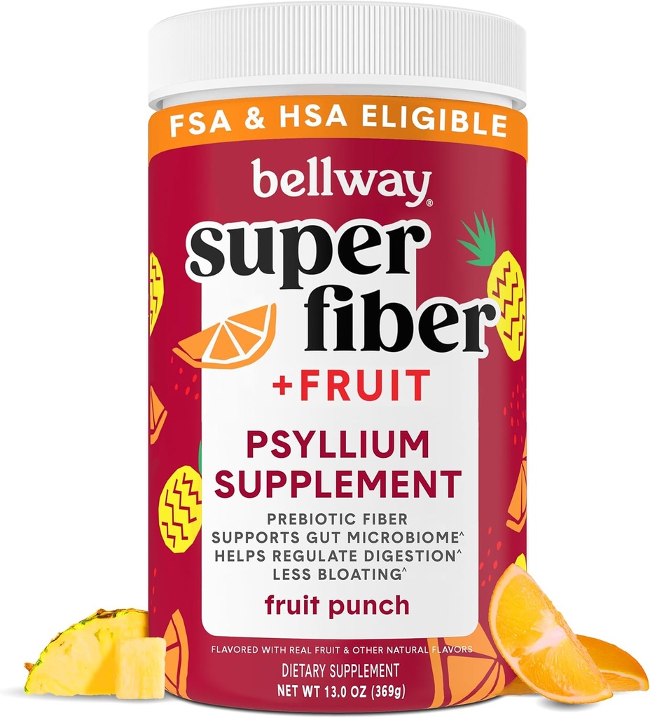 Bellway Super Fiber Powder + Fruit, Sugar Free Organic Psyllium Husk Powder Fiber Supplement for Regularity, Bloating Relief & Digestive Health, Plant-Based, Fruit Punch (50 서빙)