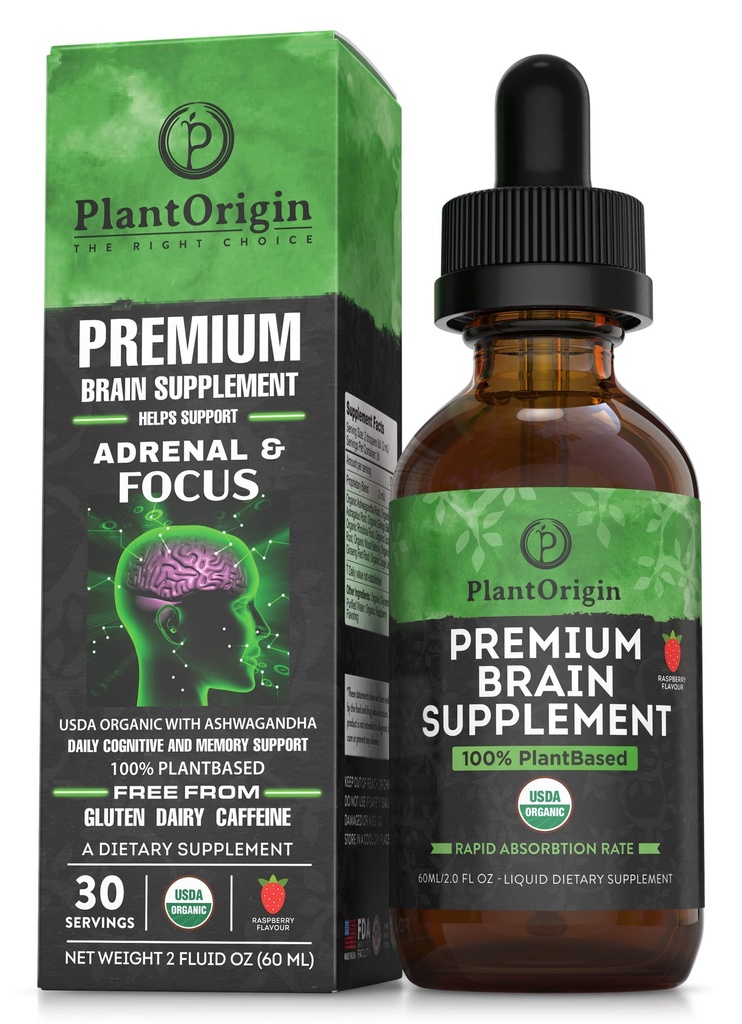 PLANTORIGIN-USDA 유기 액체 뇌 보충교재 – 초점, 기억 & 정신적인 명확성을 위한 식물 기초를 두는 Nootropic 하락 – Vegan, 비 GMO, 카페인 자유로운, Ashwagandha, 인삼, 은행나무, Rhodiola – 미국에서 만드는