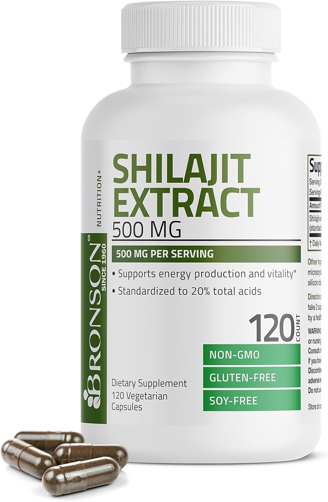 Bronson Shilajit 추출 500 MG 당 서빙, 지원 에너지 생산 & 활력, 표준화 20% 총 산, 비 GMO, 120 채식 캡슐