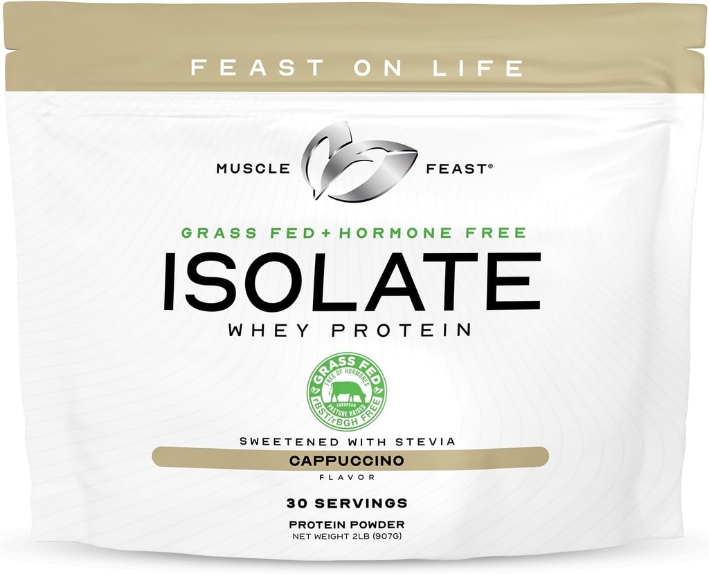 근육 Feast Grass-Fed Whey Protein Isolate, 모든 천연 호르몬 무료 Pasture 절상, 남성과 여성을위한 Whey Isolate Protein Powder, Gluten-Free, Delicious Isolate Protein - Cappuccino, 2lb