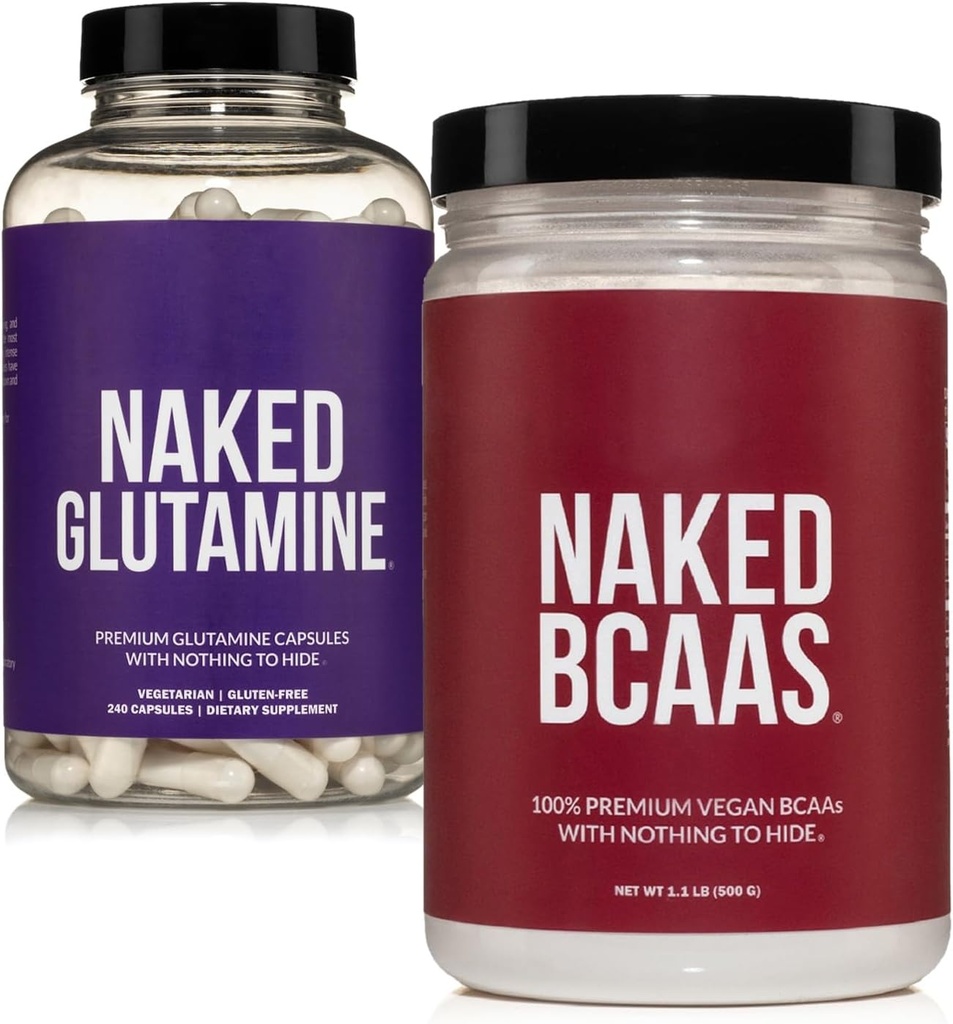 NAKED Unflavored BCAAs 100 Sevings + 순수한 L 글루타민 240 캡슐 뭉치: 비 GMO, 글루텐 자유로운, 근육 회복, 인공 없음