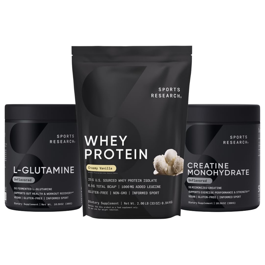 스포츠 연구 ® 복구 매트릭스 - Whey Isolate Protein Powder 2.1lb + L 글루타민 10.58 Oz + Creatine Monohydrate 10.58 Oz