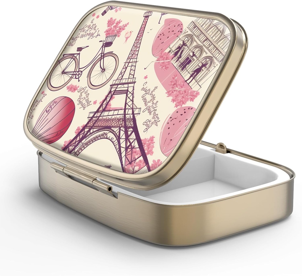 Pill Case Pill Box with Mirror Retro 2 Compartment Purse 또는 포켓 청동 직사각형 알약 상자 또는 비타민, 생선 기름, 보충제, Pill Containe 여행 선물 (파리스 에펠 탑)