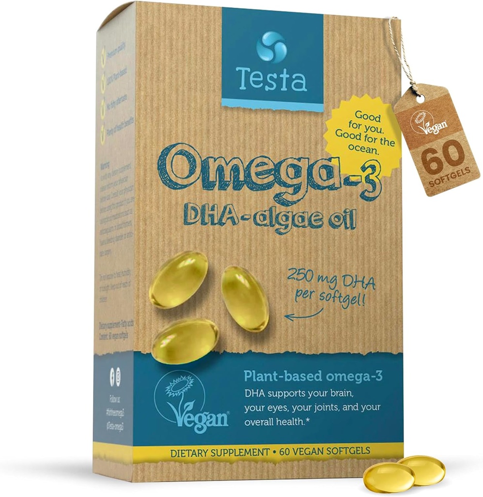 Testa Omega 3 보충 - 조류 기름에서 250mg DHA - Vegan Omega 3 - 지원 뇌, 눈 & 합동 건강 - 물고기에서 아닙니다, 순수한 조류 캡슐 - 2 달 공급