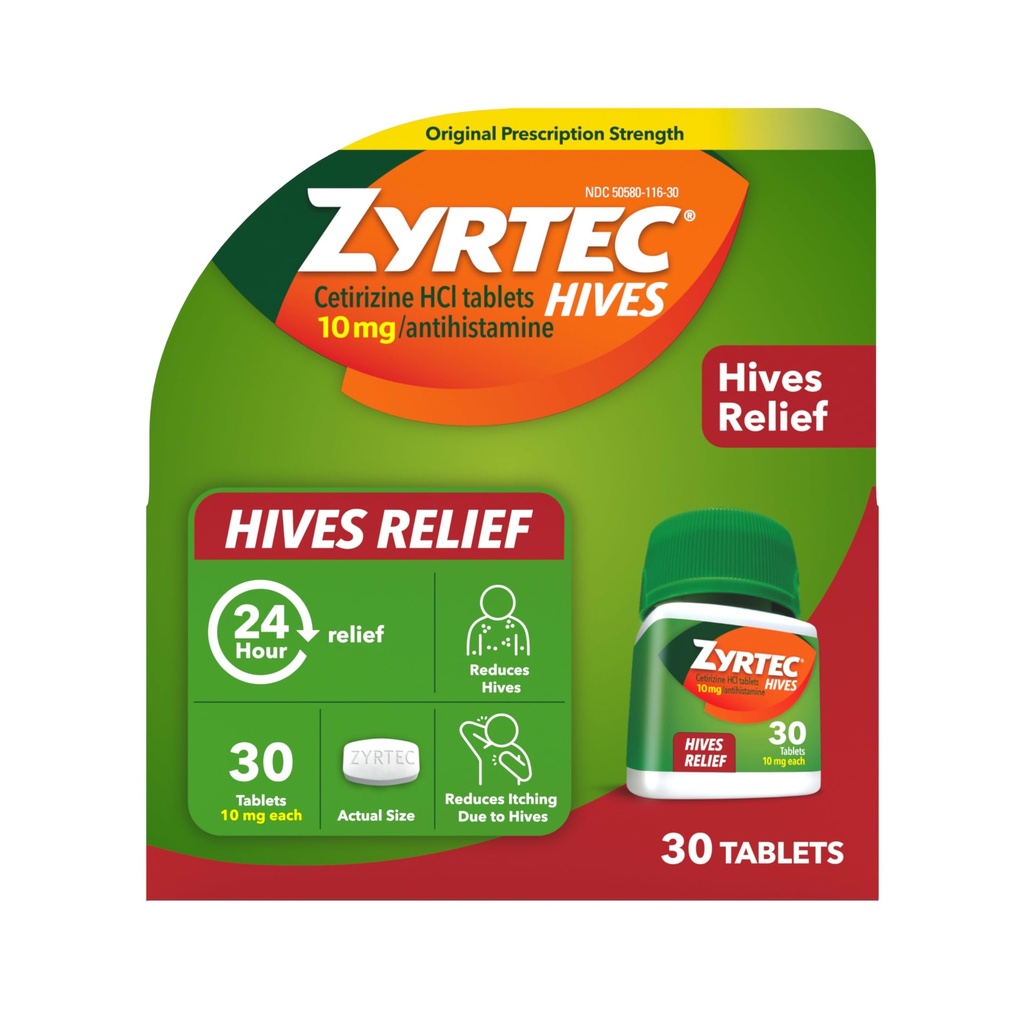 Zyrtec 24 시간 Hives 기복 정제, 10 mg Cetirizine HCl 정제는 Hives를 감소시키는 것을 돕기 위하여 정제 & Hives, Urticaria, 30의 ct의 이치 기복 & 처리를 위한 항히스타민 정제 때문에 가려움을 감소시킵니다