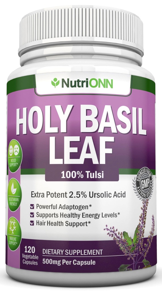 Holy Basil 잎 캡슐 - 500mg - 2.5% Ursolic 산 - 120 Vegan 캡슐 - 진짜 Tulsi 추출물 보충교재 - 긍정적인 Mindset - Adaptogenic & Ayurvedic 허브