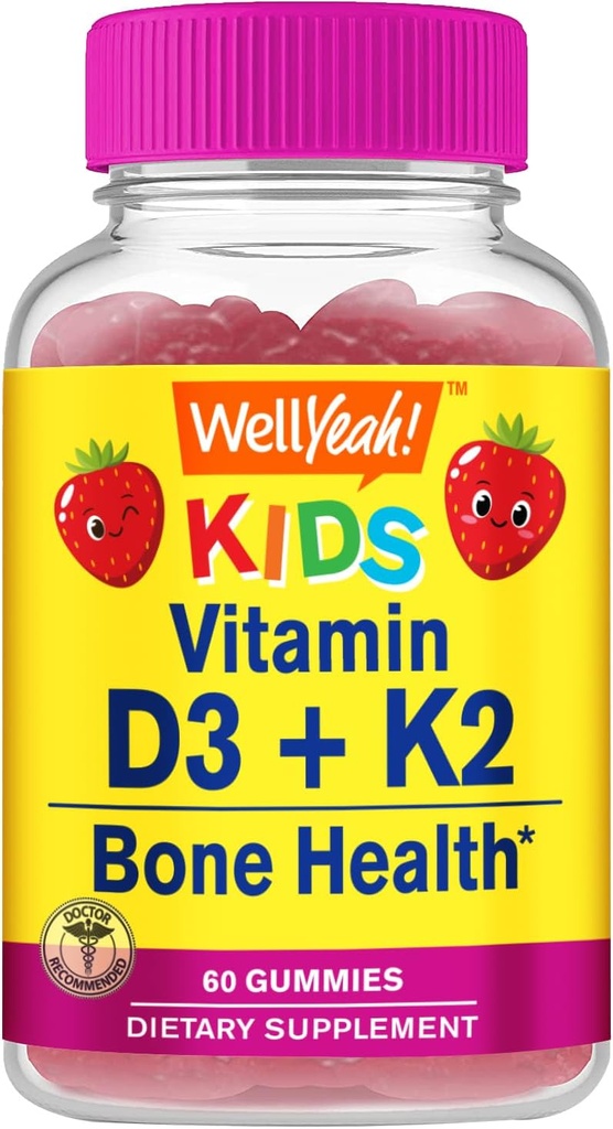 WellYeah Vitamin D3 + K2 for Kids Gummies - 비타민 D3 1000 IU, K2 100 MCG - 뼈와 근육 건강 지원, 자연 풍미, GMO 무료, 글루텐 무료, Vegan - K2 D3 비타민 보충 60 Gummies